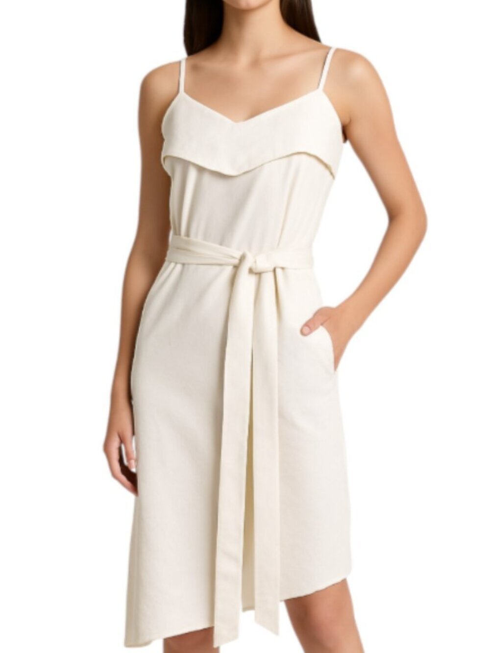 Colovos Size 4 RTR Designer Cream Midi Dress Asymmetrical Hem Side Zip Belted